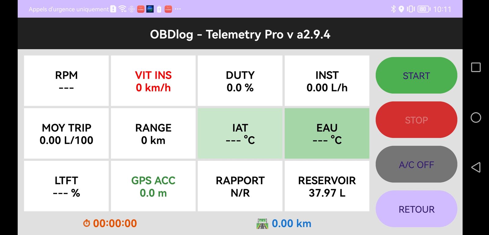 Écran de l'application OBDlog Telemetry Pro, version a2.9.4 : régime, vitesse, consommation, températures et rapport engagé
