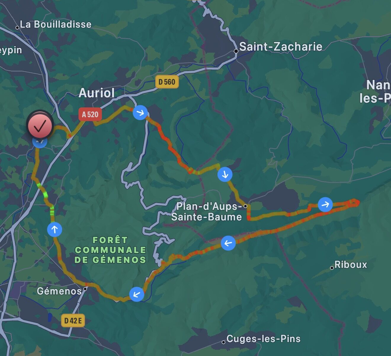 Tracé d'une randonnée enregistrée sur la montre, entre Auriol, Gémenos et Plan-d'Aups-Sainte-Baume